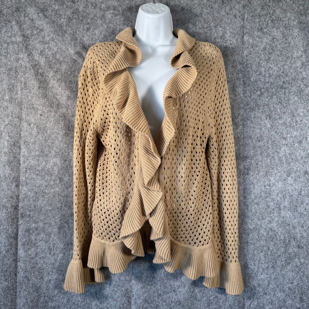 Y2K Crochet Ruffle Cardigan Sweater Tan Knit Open Front Size L Boho Fairygruge